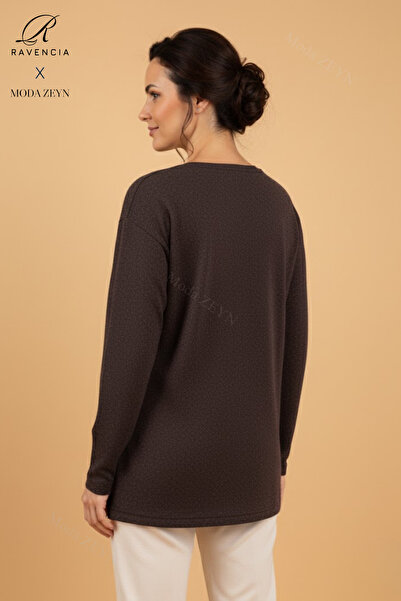 Ravencia Women's Drop Patterned Stoned Stretch Fabric Slit Wool Mother Combed Cotton Blouse