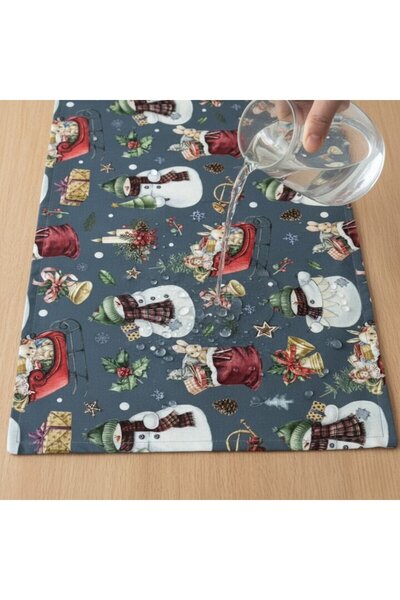 Salestore.ro Față de masă impermeabilă, 180x40cm, bumbac, cu imprimeu 3D de Crăciun, rezistentă la pete/murdărie, albastră
