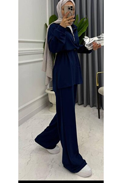 onlymoon Women's Navy Blue Hijab Suit ♦   Zippered Waist Tunic with Tie ♦   Wide Leg Pants ♦   Two Yarns Knitted
