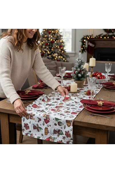 Salestore.ro Fata de masa 180x40cm, bumbac, imprimeu 3D Craciun, rezistenta l...