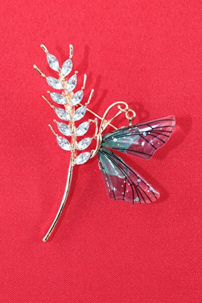 KEEBA Bereketin ışıltısı kelebekli Buğday başağı broş gold dallı kristal taşl...