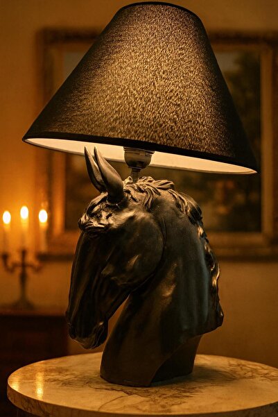 Home Siyah At Figürlü Dekoratif Masa Lambası - Rustik Tasarım Abajur