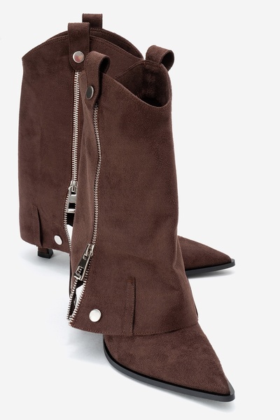 LuviShoes LOLA Kahverengi Süet Fermuarlı Sivri Burunlu Kadın Topuklu Bot