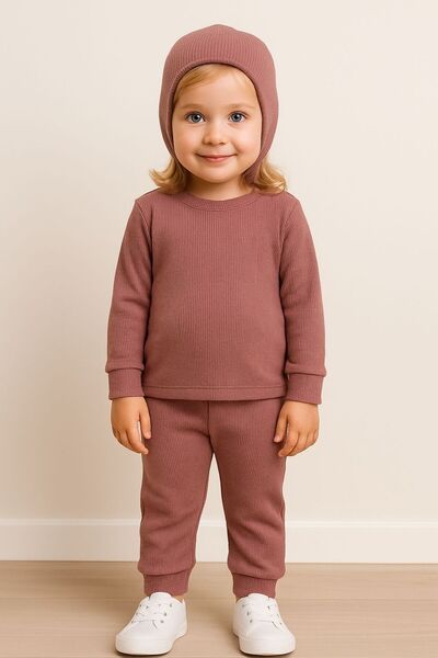 ŞAPKAKİDS Basic Dried Rose Ribana Hat Tracksuit Set