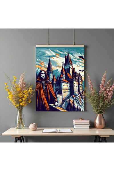 Printees Tablou - Dracula lângă cetatea din munți - Canvas pe șasiu