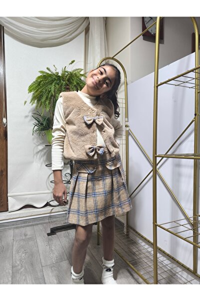 Şimo Butik Girl's Three-Piece Set (Plush Vest+Cotton Blouse+Cashmere Shorts Skirt) Stylish Winter Camel