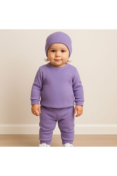ŞAPKAKİDS BASİC LİLA RİBANA ŞAPKALI EŞOFMAN SET