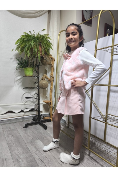 Şimo Butik Eid Girls' Three-Piece Set (Contains Plush Pieces: Vest + Cotton Blouses + Melton Shorts/Skirts) Stylish Winter Light Pink