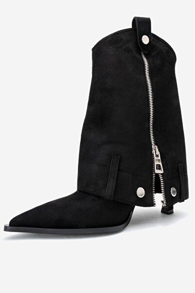 LuviShoes LOLA Siyah Süet Fermuarlı Sivri Burunlu Kadın Topuklu Bot