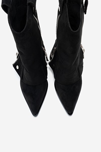 LuviShoes LOLA Siyah Süet Fermuarlı Sivri Burunlu Kadın Topuklu Bot