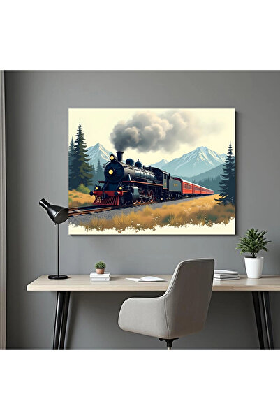 Printees Tablou - Peisaj Montan cu Locomotivă pe Aburi