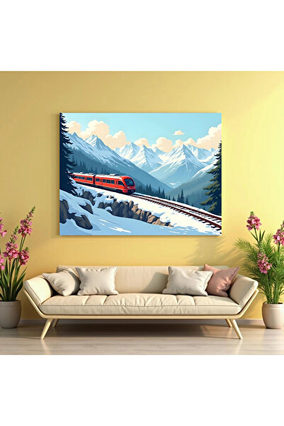 Printees Painting - Mountain Landscape with Red Train
