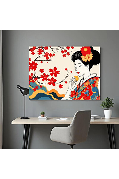 Printees Tablou stil japonez - Fata cu flori în păr - Canvas pe șasiu - 40x30 cm