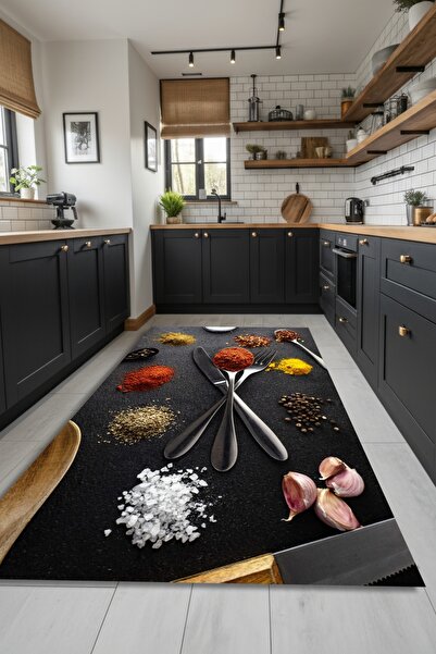 Kessy Home Studio Sofia Baharat Temalı Kaymaz Taban Yıkanabilir Mutfak Halısı...