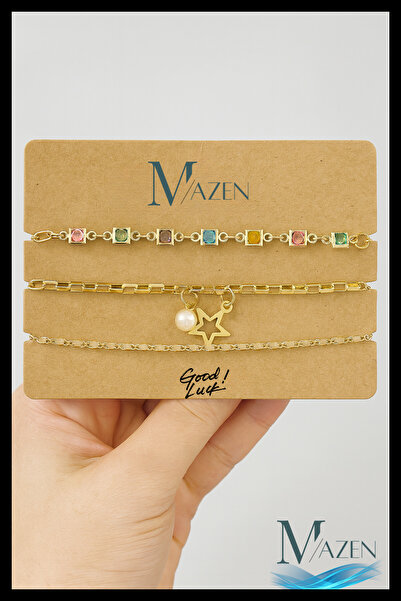 MAZEN Triple Gold Bracelet Set |   Colored Stone |   Star and Pearl Detailed ...