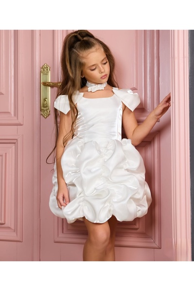 MODA فستان بناتي بتصميم بالون مع فيونكة