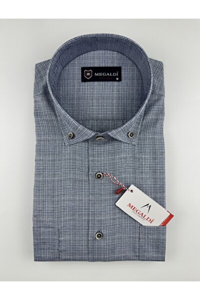 MEGALDİ Erkek Klasik Kesim Ekose Çift Cepli Mavi Uzun Kollu Gömlek
