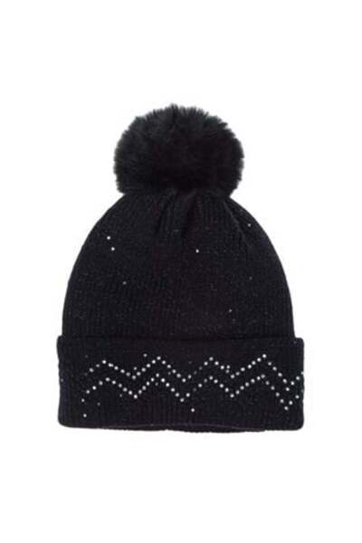 OEM Black Knitted Hat with Strass Lining & Pompon for Women