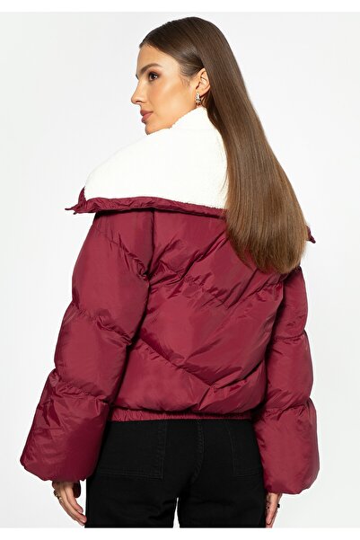 Wittchen Women's Oversized Jacket with Faux Shearling Collar, Dark Red, Dark Red Polyester