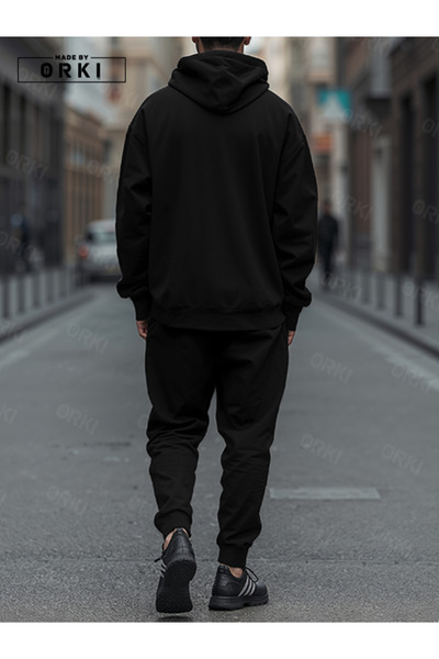 EFFRENATU Chill Printed Black Oversized Hoodie & Black Jogger Tracksuit Set