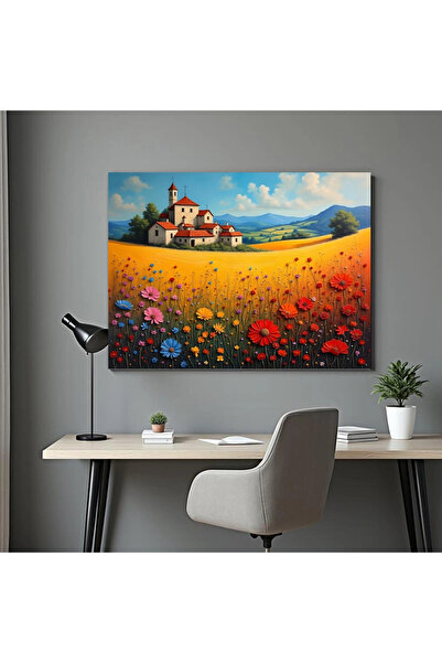 Printees Tablou - Un sat în câmp cu flori - Canvas pe șasiu