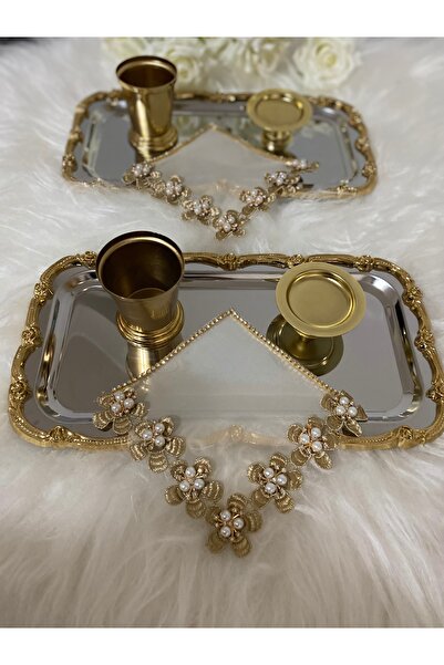 BÜŞRA Kahve yanı sunum peçetesi 2 li Çelik sunum tepsısi 2 li lokumluk 2 li G...