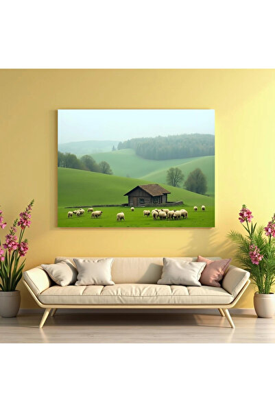 Printees Tablou - Peisaj cu oi păscând - Canvas pe șasiu