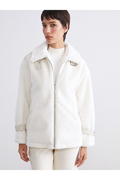 LC Waikiki Ecru Shirt Collar Women Faux Fur Coat