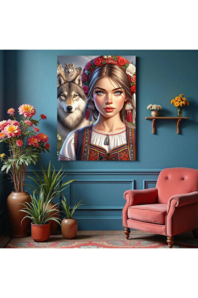 Printees Tablou - Fata din Dacia cu lup - Canvas pe șasiu - 40x30 cm