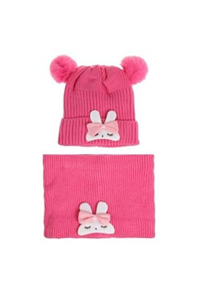 OEM Pink Hat & Circular Scarf Set with Bunny Pattern for Children 6 Years - 2 Pairs