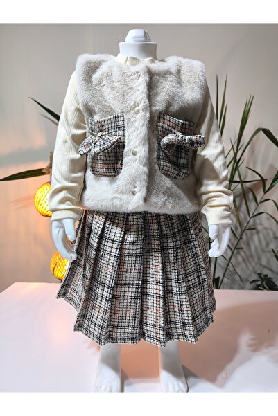 Şimo Butik Girl's Three-Piece Set (Plush Vest+Cotton Blouse+Cashmere Skirt) Stylish Winter Stone Color