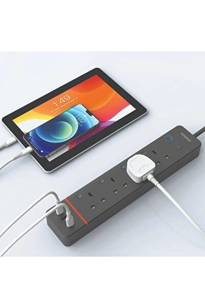 porodo شريط الطاقة الذكي Chargelink بـ 4 منافذ تيار متردد و3 منافذ USB - أسود