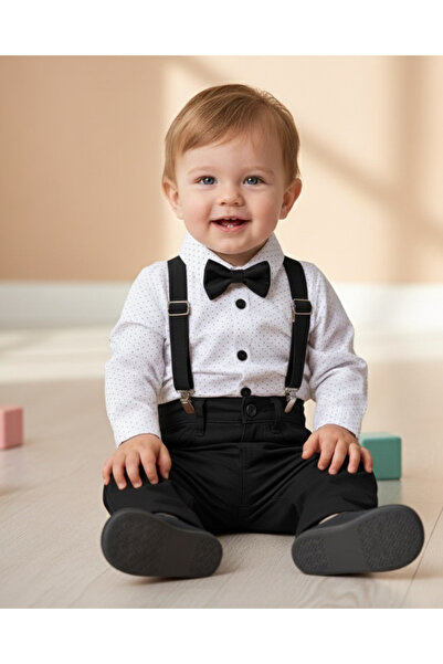 Baby Maa Petek Desenli Papyonlu Şık Bebek Takımı – Body Gömlek + Pantolon + Askı + Papyon | 6–24 Ay