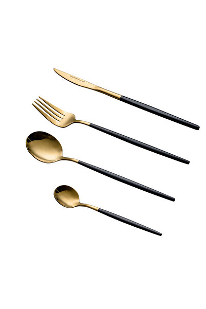 Malooki Cutlery Set 24 Pieces, Gold Finish & black Handles