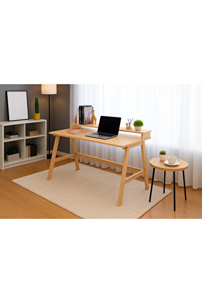 Handmade Masif Ahşap Çalışma Masası 1 Raflı Kitaplıklı Ofis Bilgisayar Çalışma Masası