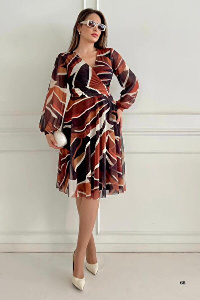 ZISHAN Büyük Beden ve Standart Beden Kahve Tonlu Desenli Kruvaze Şifon Midi Elbise 2687