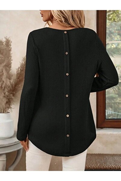 civetta Women's Long Sleeve Round Neck Back Button Waffle Blouse