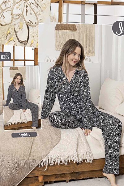 REMSA Women's Speckle Pattern Buttoned Saphire Pajama Set 0389 Black