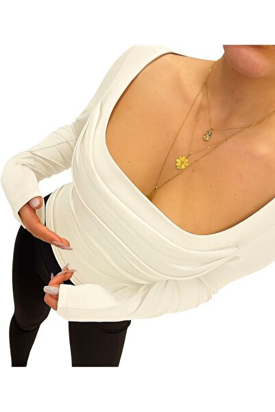 Be Best Women's White Square Neck Double Layer Gathered Side Blouse Be203