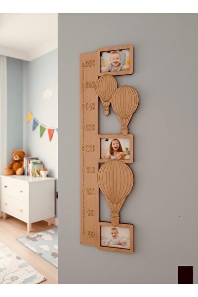 KONYALAZERMARKET Ahşap Balon Figürlü Çocuk Boy Ölçer ve Fotoğraf Çerçevesi | MDF Dekoratif Duvar Ölçer