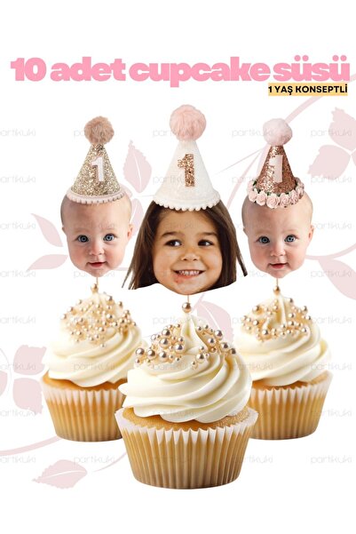 partikuki Pinterest Şapka Taç Fotoğraflı Cupcake Kürdan Süsü Simli 1 Yaş Kişiye Özel Bebek Doğum Günü