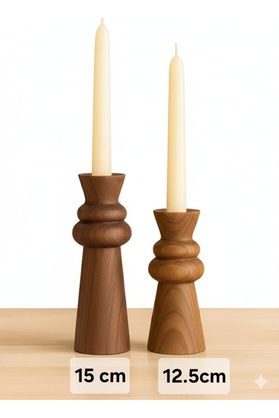 mebaconcept Ahşap Şamdan Seti – Ceviz Renk, Modern Rustik Dekor (12.5 cm & 15...