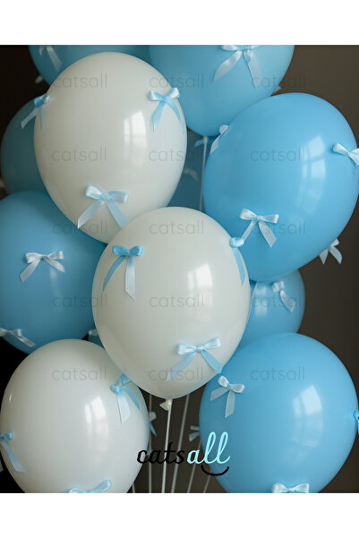 catsall 🎀 Mavi ve Beyaz Kurdeleli Balon Seti 🎈 (10 Balon + 30 Yapışkanlı Ku...