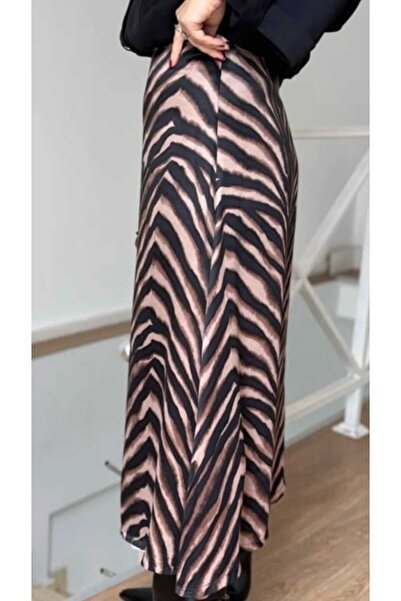 NÜANS MODA Tiger Print Satin Midi Skirt