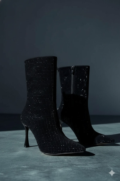 leopar by çetinay MR890 Noir Crystal Boot | Kadın Siyah Taş Detaylı İnce Topuklu Bilekte Zarif Gece & Davet Botu
