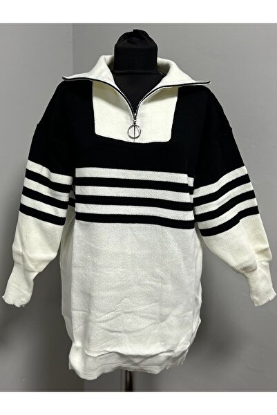 MSA Giyim Women's Oversized Mock Neck Half Zipper Striped Knitwear Sweater Co...