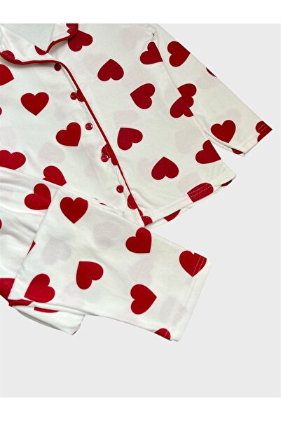 ALİŞ KİDS Girl's Cotton Suede Fabric White Red Heart Pattern Shirt Collar Buttoned Winter Pajama Set