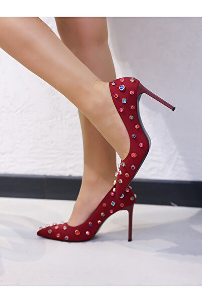 EVASAMLİSHOESBAG Exclusive Taşlı Topuklu Ayakkabı Kırmızı