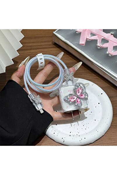 daystar İphone 18w/20w ile Uyumlu Taşlı Kelebek Şarj Aleti Kılıfı, Şarj Kablo...