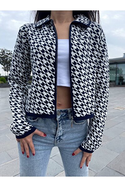 hiraz fashion Women's Navy Blue Zippered Trench Coat Cardigan